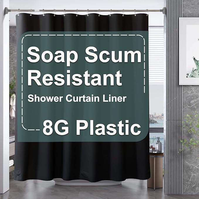 AmazerBath Plastic Shower Curtain Liner, 72 x Inches EVA 8G Heavy Duty Black Waterproof Weighted Thick Bathroom with 3 Clear Weights and 12 Rustproof Grommet Holes