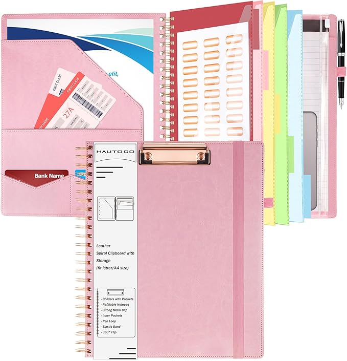HAUTOCO Spiral Leather Clipboard Folio with Notepad (8.5 x 11''), 5 Folders with 10 Pockets, Storage Zipper Pouch, Pen Loop, 39 Stickers, Padfolio Organizer for Work School, Pink
