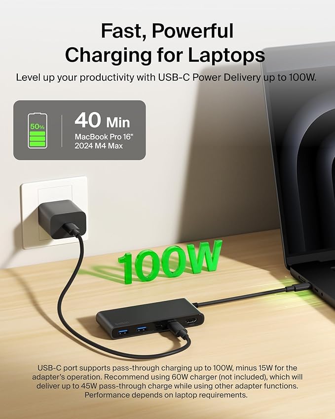 Belkin USB C Hub, 7-Port Hub w/ 4K HDMI Display @ 60Hz, SD & MicroSD, 100W Power Delivery, Fast Data Transfer 5Gbps, USB C Multiport Adapter for MacBook, iPad Pro, Chromebook, etc. - Upgraded HDMI 2.0