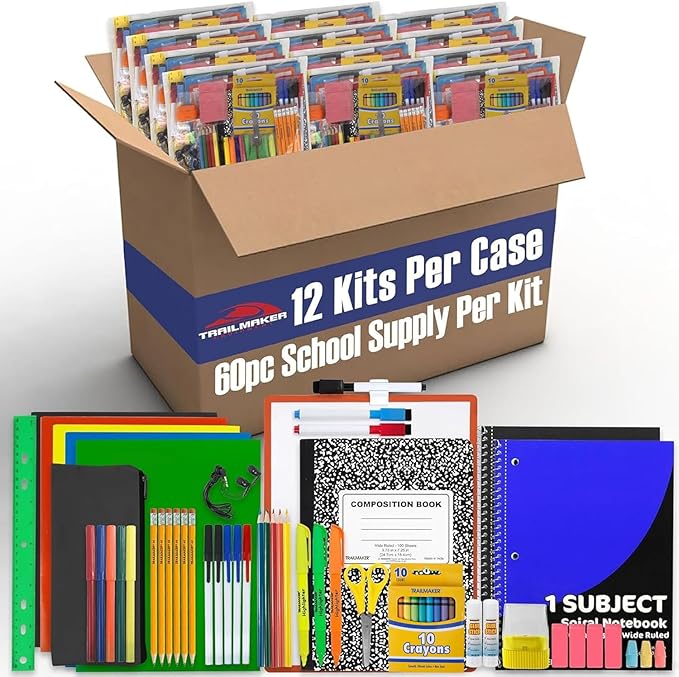 Trail maker Bulk Back to School Supplies 60 Piece Bundle Kits for Girls, Boys, Kids | Back to School Supply Box Set Includes Notebooks, Folders, Headphones, Ruler, Folders, More (12 Kits)