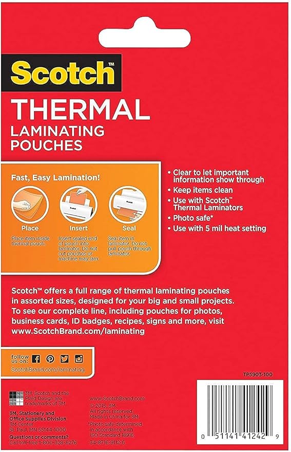 Scotch Thermal Laminating Pouches 5x7-inch, 5 Mil., Clear 100/PK