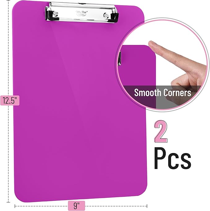 Mr. Pen- Plastic Clipboard, 12.5" x 9", 2 Pack, Plush Purple Clipboard Plastic, Low-Profile Metal Clip with Retractable Hanging Hole