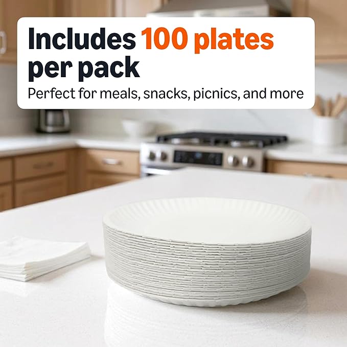 Amazon Basics 9" Uncoated White Paper Plates 1200 Count (Pack of 12)
