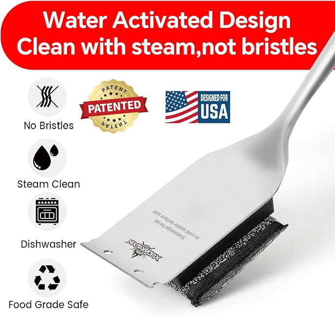 Bristle-Free Grill Brush with Replacement Head. Ultra Safe & Efficient Cleaner for Cast Iron and Stainless Steel Outdoor Grills.Gifts for Men/Dad