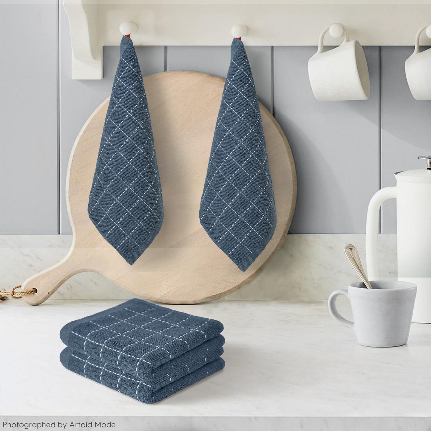 Artoid Mode Checkered Designed Cotton Grey Terry Kitchen Dish Cloths, 12x12 Inch Soft Absorbent Quick Drying Cleaning Kitchen Rags Set of 6