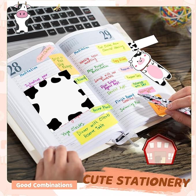 Crtin 69 Pcs Cute Sticky Notes Set,Cartoon Pen, Stickers, Paperclip, Sticky Memos Office & Party Favors(Cow)