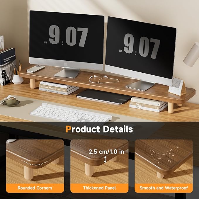 Dual Monitor Stand Riser, 39Inch Extra Long Wooden Desktop Monitor Riser with Storage for 2 Monitors Ultra Strong Desk Shelf Organizer Riser Ergonomic for 2 Screens/Laptop/PC/TV/Printer, Large, Walnut