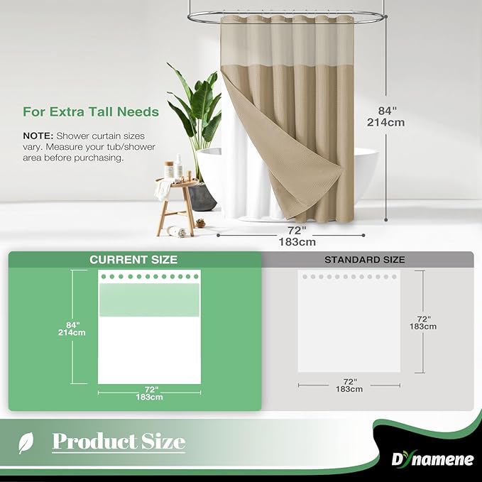 Dynamene Extra Long Shower Curtain, 84 Inch Long Waffle Fabric Shower Curtain for Bathroom, Tall Waterproof Cloth Shower Curtain Liner Set with Hook, Snap in Liner, Mesh Top Window, Beige, 72x84