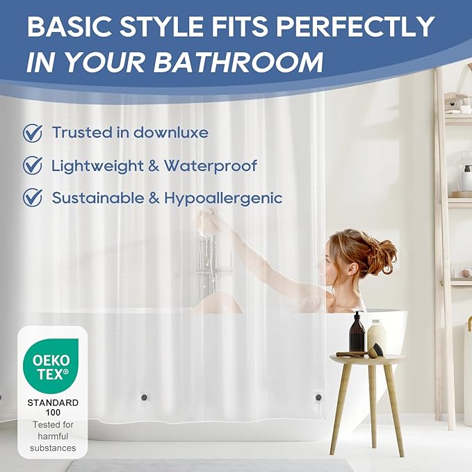 downluxe Clear Shower Curtain Liner with Hooks, PEVA Plastic Shower Liner, 72" W x 84" L Waterproof Lightweight Bathroom Curtain(12 Hooks, 1PC)