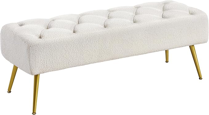 Yaheetech Modern Ottoman Bench Boucle Bench Upholstered Footrest for Living Room with Gold Metal Legs and Padded Seat Ivory