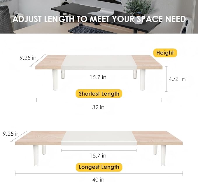 Dual-Monitor-Stand-Riser-For-Desk Adjustable Length 32-40 Inch，Large Desktop Computer Monitor Riser For 2 Screens，Desk Shelf Organizer Riser Stand For Computer/Laptop/PC/Printer/TV Maple