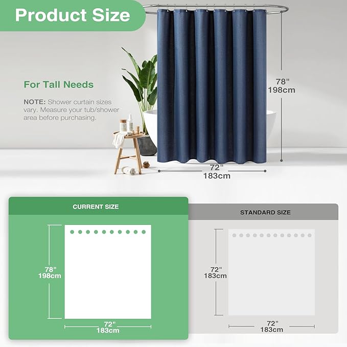 Dynamene Long Shower Curtain - 78 inch Long Waffle Weave Heavy Duty Fabric Shower Curtains for Bathroom, Neutral Weighted Hotel Spa Luxury Bath Curtain Set with 12 Plastic Hooks,72x78,Navy Blue