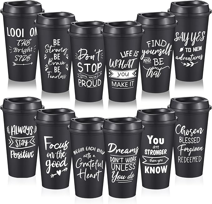 12 Pcs Inspirational Gifts for Employee Coworkers Staff Teammate, 16oz Reusable Plastic Coffee Cups with Positive Sayings, Bundle Gifts for Woman Man Coworker (Black,Inspirational)