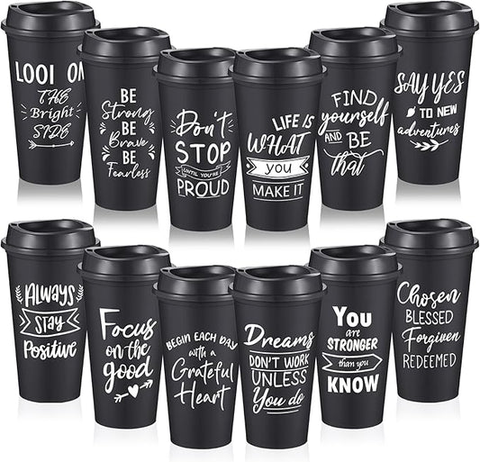12 Pcs Inspirational Gifts for Employee Coworkers Staff Teammate, 16oz Reusable Plastic Coffee Cups with Positive Sayings, Bundle Gifts for Woman Man Coworker (Black,Inspirational)