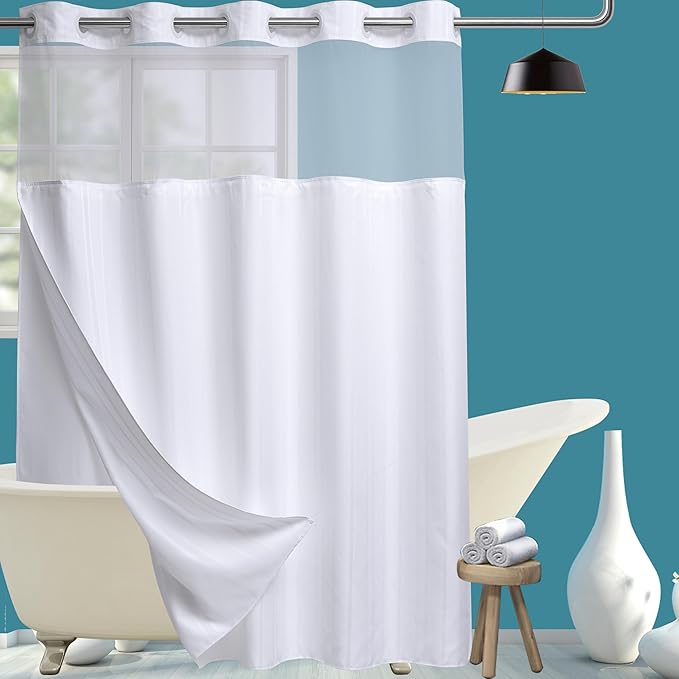 Conbo Mio Extra Long No Hook Waffle Weave Shower Curtain with Snap in Liner Set, Hotel Luxury White Shower Curtains for Bathroom with See Through Top Window, Waterproof, Washable 71W x 84H Stripe