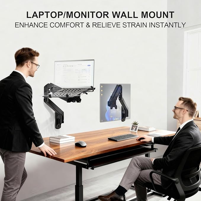 WALI Laptop Wall Mount, Full Motion Adjustable Laptop Arm Fits 10 to 17" Notebook, 2-in-1 Monitor Wall Mount for 17 to 32" Computer Screen, Holds up to 15.4-22lbs(GSWM001NLP), Black