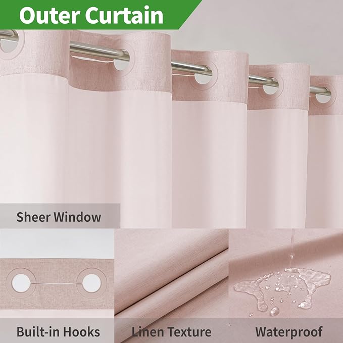 Extra Long No Hooks Needed Linen Textured Shower Curtain with Snap-in Fabric Liner Set,Blush Hotel Luxury Decor Shower Curtains for Bathroom,Waterproof & Washable,71Wx86H