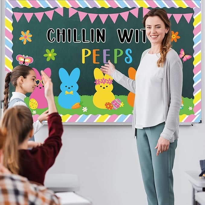 Easter Bulletin Board Decoration Set Easter Bunny Classroom Decoration Colorful Eggs Bunny Flower Paper Cutouts for Spring Party Supplies School Classroom Home Office Nursery Chalkboard Wall Decor