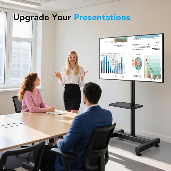 Floor TV Stand with Mount for 13-50 inch Screens, Tilting and Height Adjustable Floor Monitor Stand Mount, Portrait to Landscape, Portable TV Stand with Shelf Holds up to 77lbs Max VESA 200x200mm