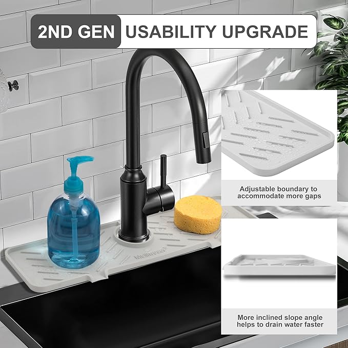 Meiliweser Silicone Faucet Mat for Kitchen Sink – Gen 2 Splash Guard with Upgraded Outlet & Slope – 18” x 5.1” Water Catcher & Sink Sponge Holder for Kitchen and Bathroom (Beige)