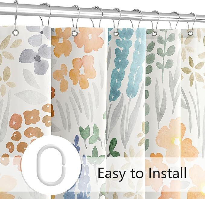 Cute Floral Shower Curtain, Orange Yellow Boho Flower Fabric Shower Curtain, Funky Watercolor Wildflower Shower Curtain Set, Cottagecore Bohemian Bathroom Decor, 72x72