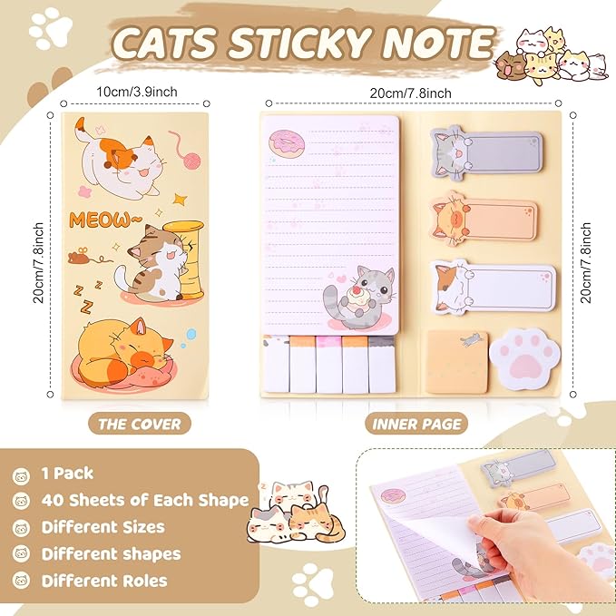 Crtin 69 Pcs Cute Sticky Notes Set,Cartoon Pen, Stickers, Paperclip, Sticky Memos Office & Party Favors (Cat)