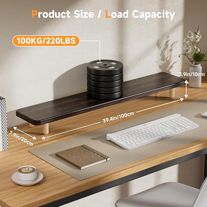 Dual Monitor Stand Riser, 39 Inch Extra Long Wooden Desktop Monitor Riser with Storage for 2 Monitors Ultra Strong Desk Shelf Organizer Riser Ergonomic for 2 Screens/Laptop/PC/TV/Printer, Dark Walnut