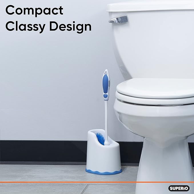 Superio Toilet Brush and Holder,Toilet Bowl Cleaning System with Scrubbing Wand, Under Rim Lip Brush and Storage Caddy for Bathroom, White and Blue