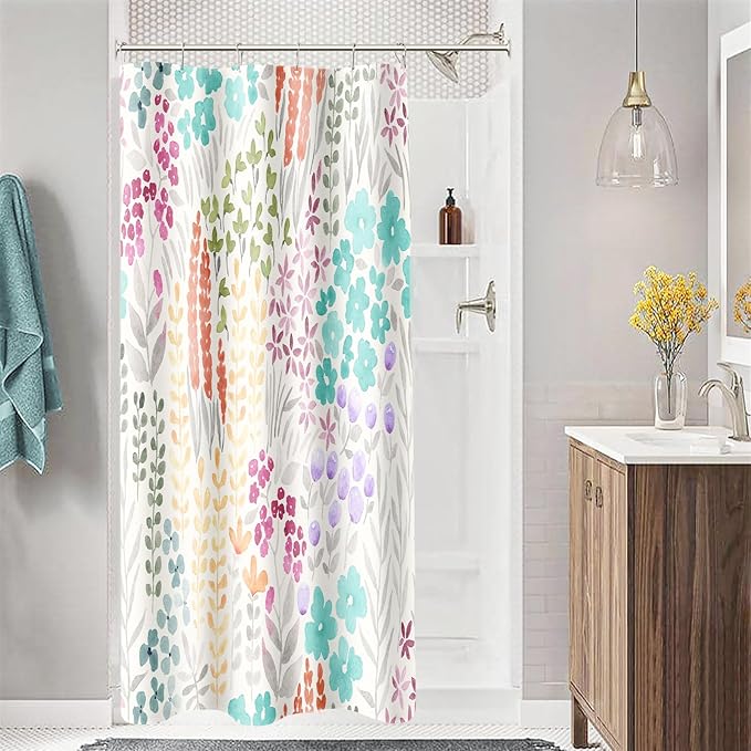 Small Stall Shower Curtain 36 x 72 Inch, Half Narrow Teal Blue Cute Floral Shower Curtain for Bathroom, Turquoise Wildflower Boho Cottagecore Fabric Shower Curtain Set with Hooks