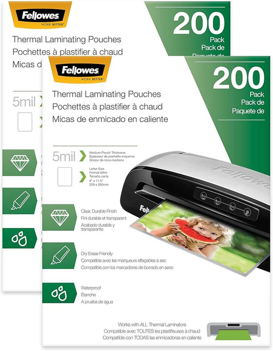 Fellowes Thermal Laminating Sheets, Letter Size, 5mil 200pk 2pk, 400 Sheets, Clear, Photo Safe, Dry-Erase Friendly, Pouches Compatible with Most Thermal Laminators