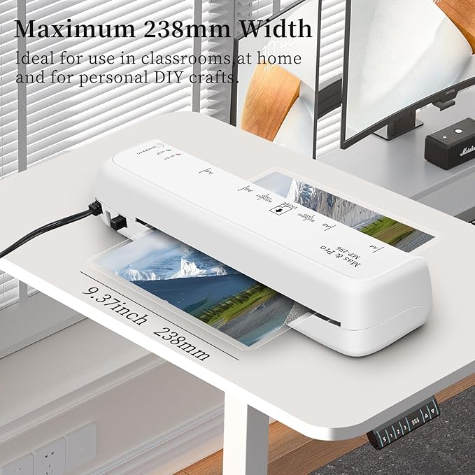 9 Inch Thermal Laminator Machine with 40 Laminating Sheets, 3-5mil, for A4, A5, A6, Photos, Small Personal Laminator for Home Office School use, Hot & Cold, 2-Roller, Anti Jam, White, by Mas & Pro