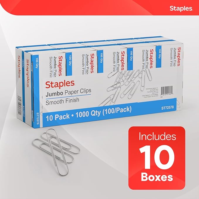 Staples Jumbo Paper Clips, Silver, 1,000 Pack – Large Steel Clips for Documents, Brochures & Office Organization