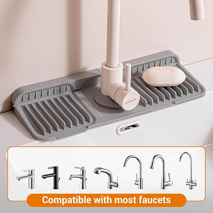 Faucet Mat for Kitchen Sink, 14"X5.5" Silicone Sink Splash Guard with Soap Holder, Snap-On Design & 7°slope Fast Drain, Folding Sink Faucet Mat for Universal Kitchen Bathroom Sink（Grey）