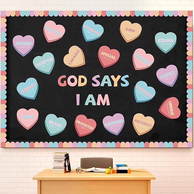 Kosiz 64 Pcs Valentine's Day Christian Hearts Bulletin Board Decoration Religious Candy Heart Cutouts for Church Sunday School Classroom Chalkboard Wall Decor