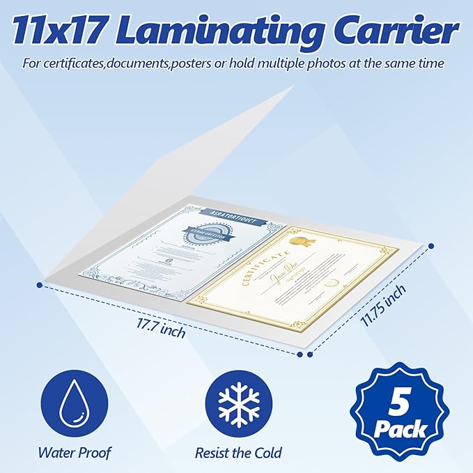 5 Pack 11.75 x 17.7 Inch Laminator Carrier Sleeve Tabloid Size Thermal Laminating Carriers Sheets Protection Thermal for All Brand Laminating Pouches Certificates Documents Posters Photos Cards