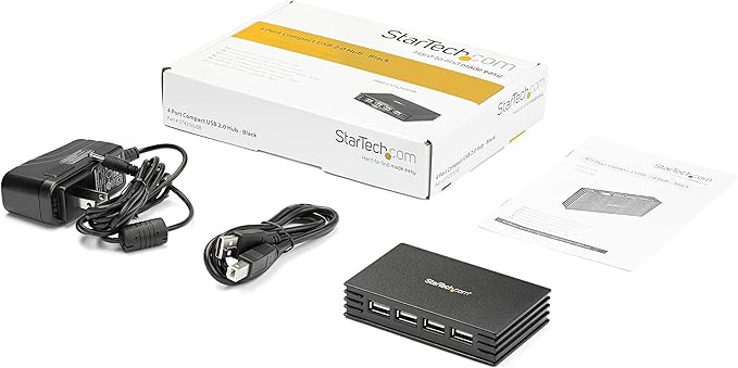 StarTech.com 4 Port Compact Black USB 2.0 Hub - Bus-powered or with Included Power Adapter - Portable Mac/PC laptop hub, TAA (ST4202USB)
