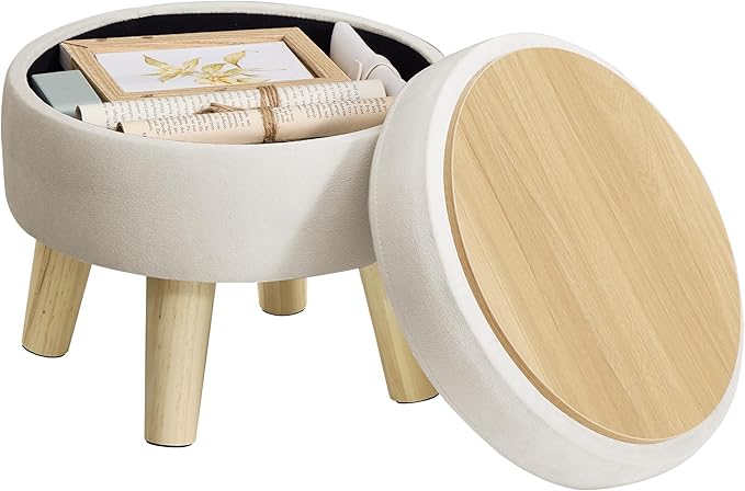 SONGMICS Storage Ottoman, Foot Stool, Round Ottoman with Padded Seat, Foot Rest with Wood Legs, Small Table, for Hallway, Living Room, 12.2 Inches, Velvet, Cream White ULOM513LH01