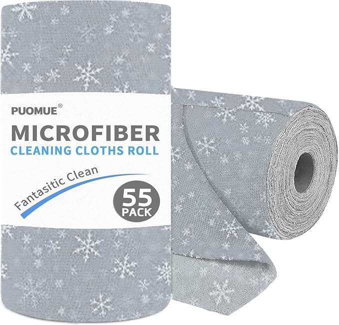 55 Pack Microfiber Christmas Cleaning Cloth Roll, Tear Away Reusable Towels, 11" X 9", Ultra Absorbent & Lint Free Microfiber Cloth for Cleaning Cars, Kitchen, and Window, Christmas Snowflake