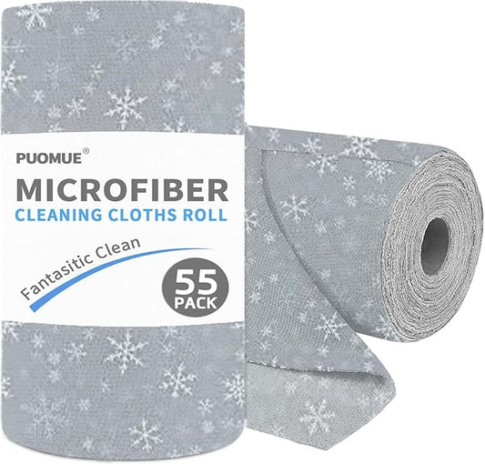 55 Pack Microfiber Christmas Cleaning Cloth Roll, Tear Away Reusable Towels, 11" X 9", Ultra Absorbent & Lint Free Microfiber Cloth for Cleaning Cars, Kitchen, and Window, Christmas Snowflake