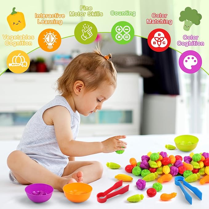 TSYAN Counting Vegetables Matching Games Sensory Toys with Sorting Bowls Preschool Learning Activities Color Classification Fine Motor Educational Toys Set Gift for Boys Girls Toddlers Toys Age 3+