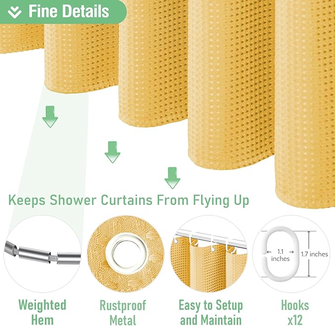 Dynamene Long Fabric Shower Curtain - 78 inch Long Waffle Weave Weighted Cloth Shower Curtains for Bathroom, Neutral Heavy Duty Hotel Spa Luxury Bath Curtain Set with 12 Hooks, 72x78, Gold