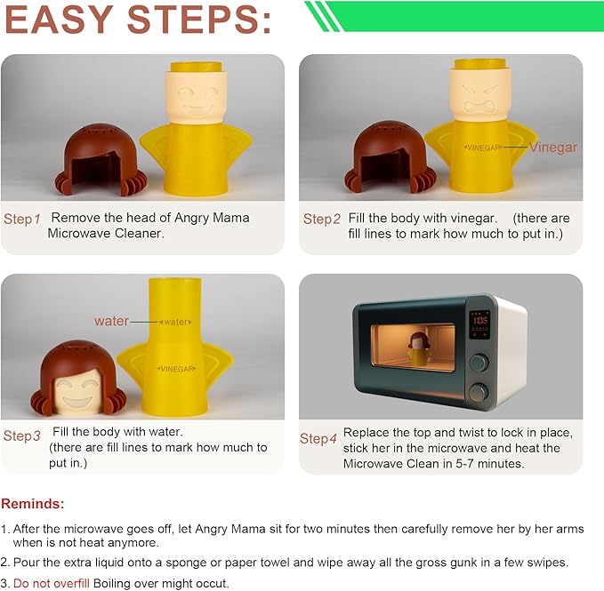 Asltw Angry Mama Microwave Oven Cleaner, Fast Action Steam Kitchen Gadget, Just Add Vinegar and Water (Yellow)