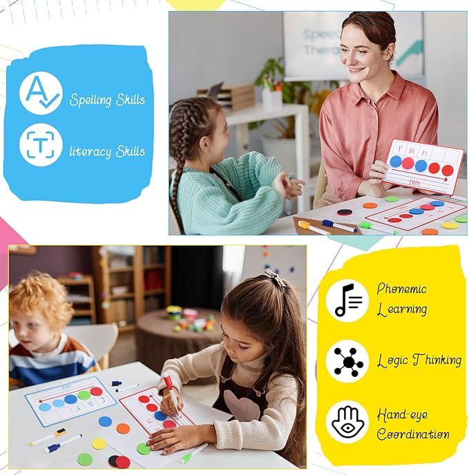Nezyo 10 Pcs Phonemic Awareness Games Dry Erase Board Phonics Games with Magnetic Button and Pen Educational Gift for Kindergarten Classroom Kids Letter Sound Science Reading(10 Colors)