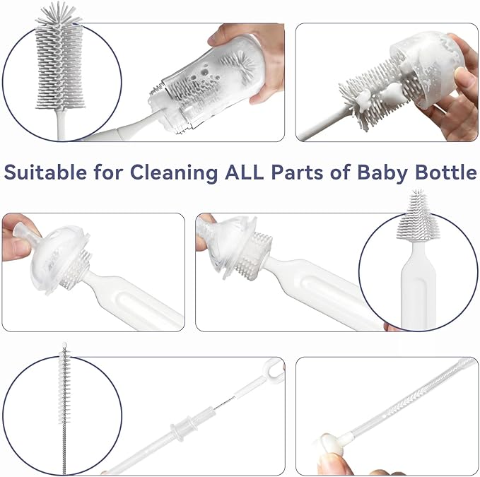 Bottle Brush Set, Innovative Efficient Press-to-Spin Brush Cleaner - Includes Silicone Baby Bottle Brush, Nipple Brush, Straw Cleaner - Spinning Generates Rich Foam for Deep Cleaning, Gray