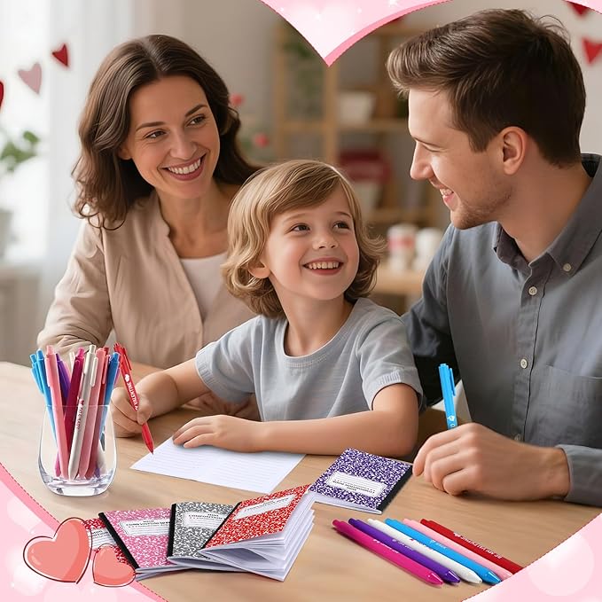 Pajean 96 Pcs Valentine's Day Stationery Set 24 Valentine's Day Notebooks with 24 Pens 24 Cards 24 Gifts Bags for Home Valentines Exchange Gifts School Classroom Office Party Favors Supplies