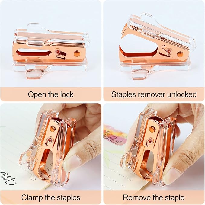 Buqoo Acrylic Clear Light Pink Heavy Duty Staple Remover Tool Pinch Jaw Style Cute Mini Gold Staple Stapler Removers Staples Puller for School Home Office Desk Accessories Gift