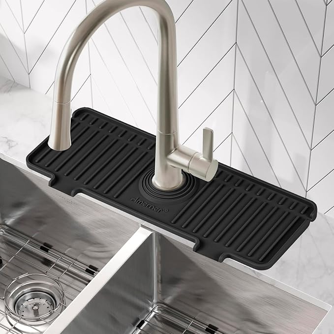 Kitchen Sink Splash Guard, 10° Large Slope & Adaptable Hole Faucet Mat for Kitchen Sink, Silicone Sink Organizer Sponge Holder for Kitchen, Bathroom, RV, Bar, 14.2” x 5.1”, Black