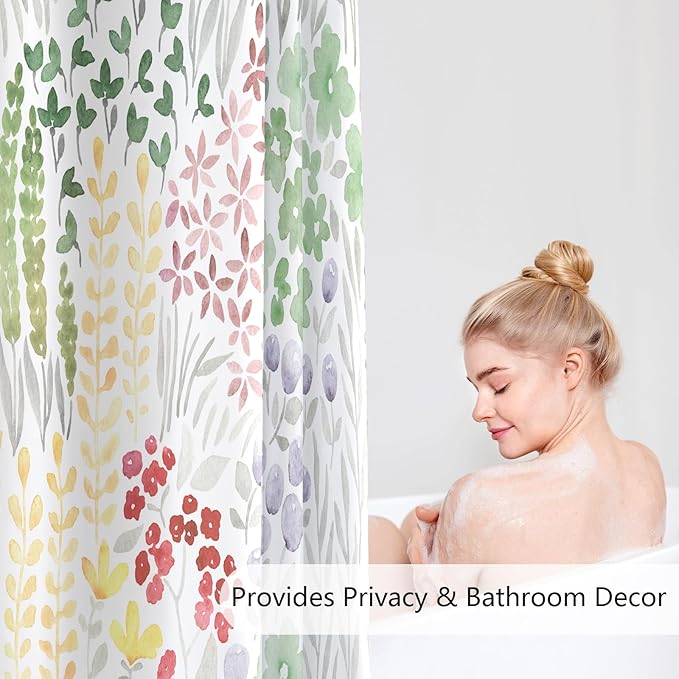 Cute Floral Shower Curtain 60x72, Sage Green Boho Flower Fabric Shower Curtain, Funky Watercolor Wildflower Shower Curtain Set, Cottagecore Bohemian Bathroom Decor
