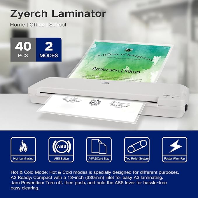 Laminator 13 Inch A3 Laminator Machine, 7 in 1 Desktop Thermal Laminator Never Jam with 40 Laminating Pouches, Paper Trimmer and Corner Rounder, Fast Warm-Up Home Office School Use, White
