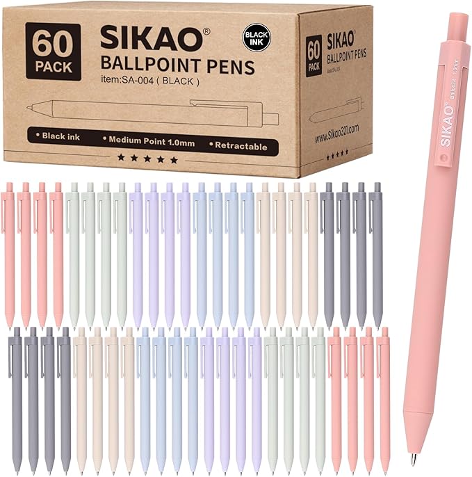 Pens Bulk, 60 Pack Moran-di Ballpoint Pens with Black Ink, 1.0mm Medium Point Smooth Writing No Smear, Retractable Click Pens with Calm, Soothing Colors for Everyday School & Office Use